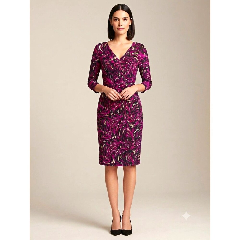 Evan-Picone Abstract Purple And Black Ruched Sheath Dress